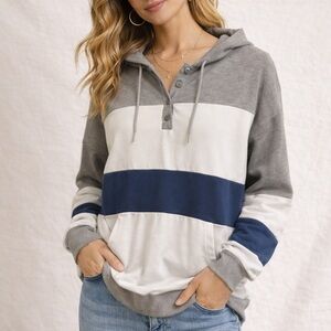 Striped Button-Front Hoodie Gray White Blue | Size Small | Lightweight Layering